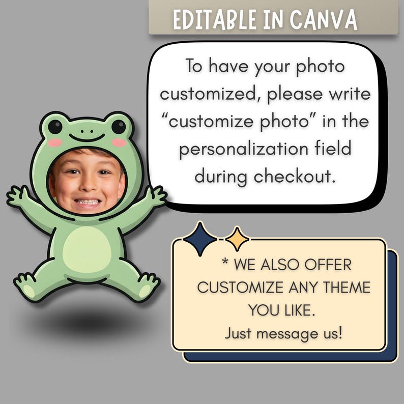 May include: A cartoon frog costume with a child's face in the center. The image includes text that says "EDITABLE IN CANVA" and instructions on how to customize a photo. Additional text offers theme customization.