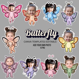 Könnte beinhalten: Zehn PNG-Bilder mit Kindergesichtern, die auf Schmetterlingskostüm-Illustrationen überlagert sind. Die Kostüme sind in verschiedenen Farben gehalten, darunter Rosa, Blau und Gelb. Das Wort "Butterfly" ist in der Mitte zu sehen.