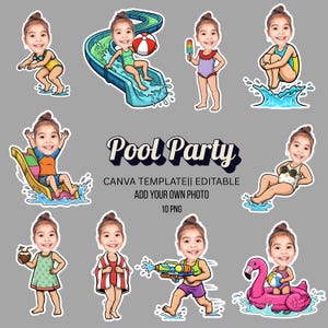 May include: A collection of cartoon stickers with a pool party theme. The stickers feature a young girl in various poses, including swimming, using a water slide, and playing with a water gun. The text "Pool Party" is also included.