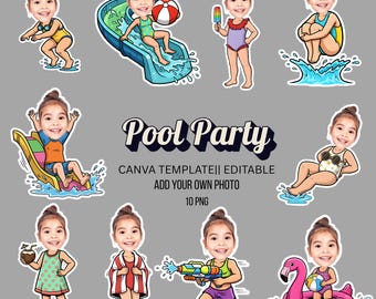 Clipart de fiesta infantil en la piscina: Plantilla de Canva con cara personalizada (descarga digital)