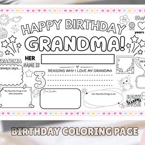 Joyeux anniversaire grand-mère à colorier | Modèle de remplissage imprimable Tout sur ma grand-mère | Activité | Carte imprimable anniversaire grand-mère pour enfants
