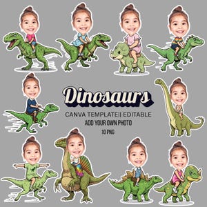 Könnte beinhalten: Eine Sammlung von Cartoon-Aufklebern, die ein junges Mädchen zeigen, das auf verschiedenen grünen Dinosauriern reitet. Die Aufkleber befinden sich auf einem grauen Hintergrund. Der Text auf dem Bild lautet "Dinosaurs" und "CANVA TEMPLATE|| EDITABLE ADD YOUR OWN PHOTO 10 PNG".