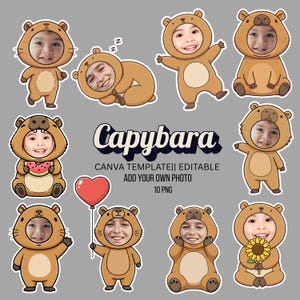 Puede incluir: Diez imágenes PNG de capibaras de dibujos animados con espacios para fotos. Los capibaras están en diferentes poses, algunos sosteniendo una sandía y un globo rojo en forma de corazón. El texto dice "Capybara" y "CANVA TEMPLATE || EDITABLE ADD YOUR OWN PHOTO 10 PNG".