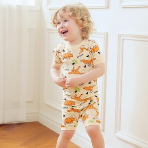 6M-12Y Baby Toddler Kids Viscose Short Sleeve Sleepwear Pajamas Picnic Dinosaur Set