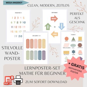 Juego de carteles para aprender matemáticas en alemán: números hasta 20, 1x1, formas, direcciones, estilo Montessori, descarga digital A4, A3 | cartel motivacional