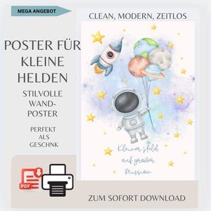 Póster infantil de astronauta | Póster espacial con el lema “Pequeño héroe en una gran misión” | Decoración de habitación infantil para niño | Descarga digital A5 A4 A3