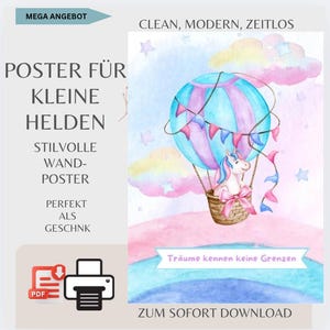 Póster de unicornio para habitación infantil | “Los sueños no conocen fronteras” | Globo aerostático decorativo para niñas | Descarga digital A5 A4 A3
