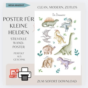 Carteles de dinosaurios para niños | Póster de aprendizaje con nombres de dinosaurios | T-Rex Triceratops Brachiosaurus | Descarga digital A3 A4 A5 Habitación infantil