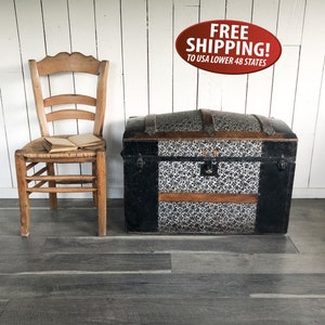 Antique Camelback Embossed Tin Trunk, 1900s Steamer Trunk, Round Top Trunk, Domed Top Trunk, Humpback Emigrant&#39;s Trunk, Heirloom Chest