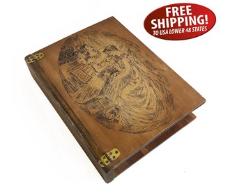 Vintage Handmade Wooden Box, Pen & Ink Illustration, Music Theme