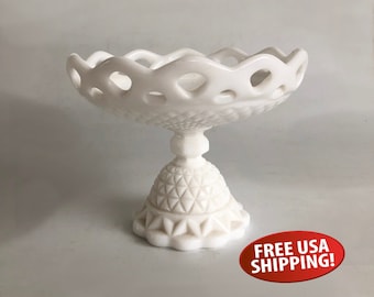 Mid Century Imperial Glass Hobnail Milk Glass Candy Dish, Pedestal Bowl