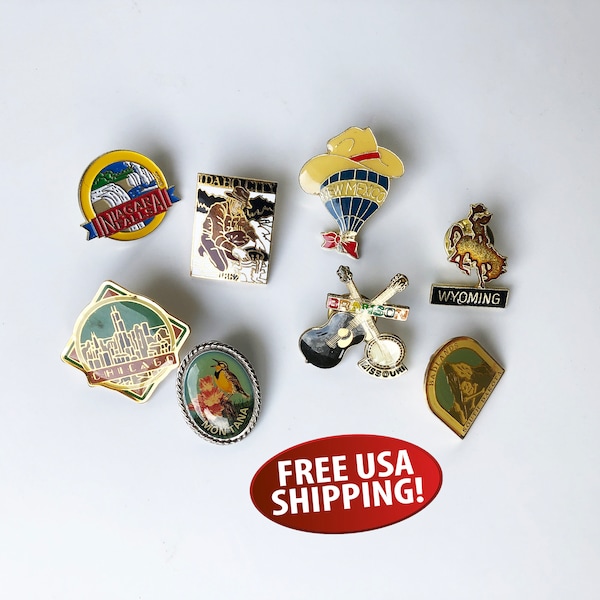 Vintage USA State and City Lapel Pins, Hat Pin, Tie Tack, Tie Pin, Cloisonné, Souvenir Pin, Tourist Pins, Road Trip