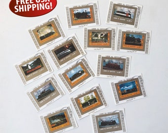 Collection of 14 Locomotive Postage Stamp Reproductions from United Arab Emirates, Railroadiana, Train Collectible, Arab Railroad Photos
