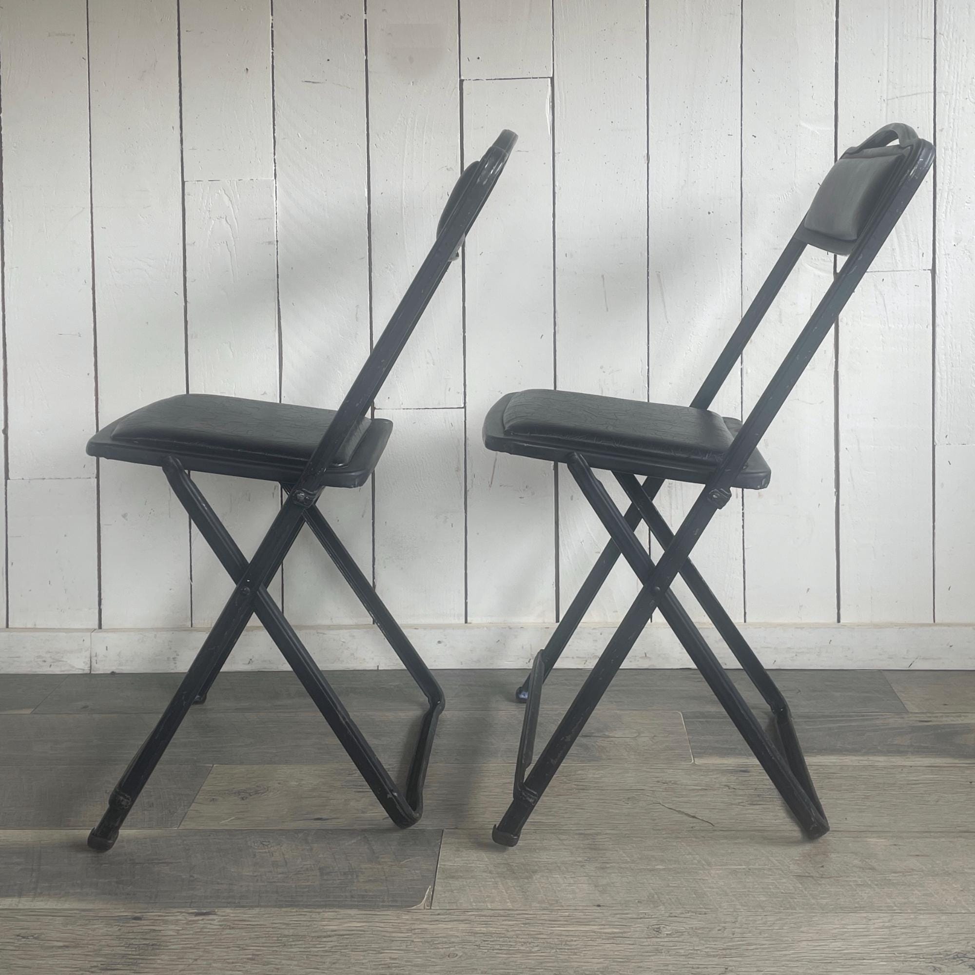 Set of Two Vintage Black Metal Folding Chairs: Retro Extra Seating