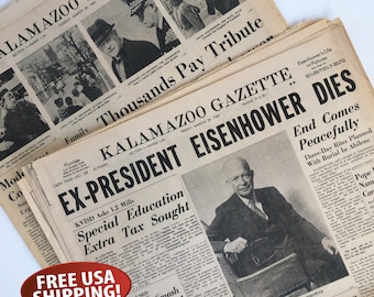 Death of President Dwight Eisenhower Newspaper, Old Newspaper from March 28, 1969 and March 30, 1969