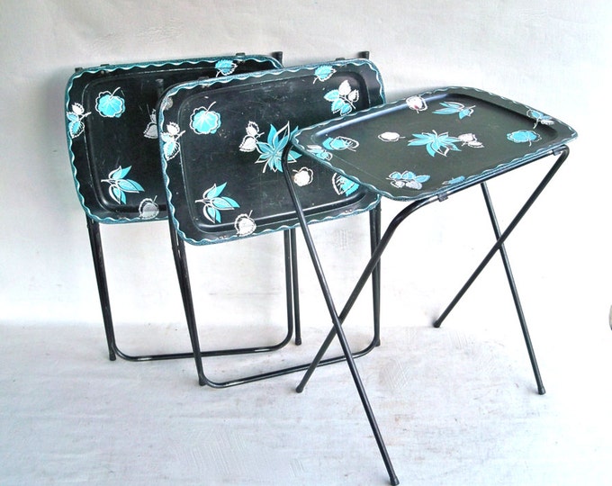 3 Mid Century Folding Metal TV Trays Black With Light Blue Floral/leaf Print Etsy