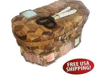 Vintage Birch Bark Sewing Basket: Hand-Embellished Notions Case