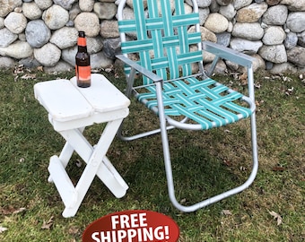 Mid Century Webbed Lawn Chair, Green & White Folding Lawn Chair, Vintage Camping Chair, Outdoor Seating, Patio Chair, Prop Chair