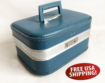 Blue Mid-Century Train Case, Travel Case, Vanity Case, Makeup Case, Craft Storage