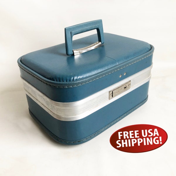 Blue Mid-Century Train Case, Travel Case, Vanity Case, Makeup Case, Craft Storage