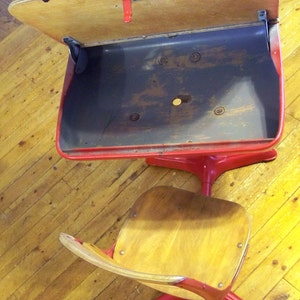 Mid-Century Elementary School Desk with Inkwell Red with Nicely Distressed Wood image 5