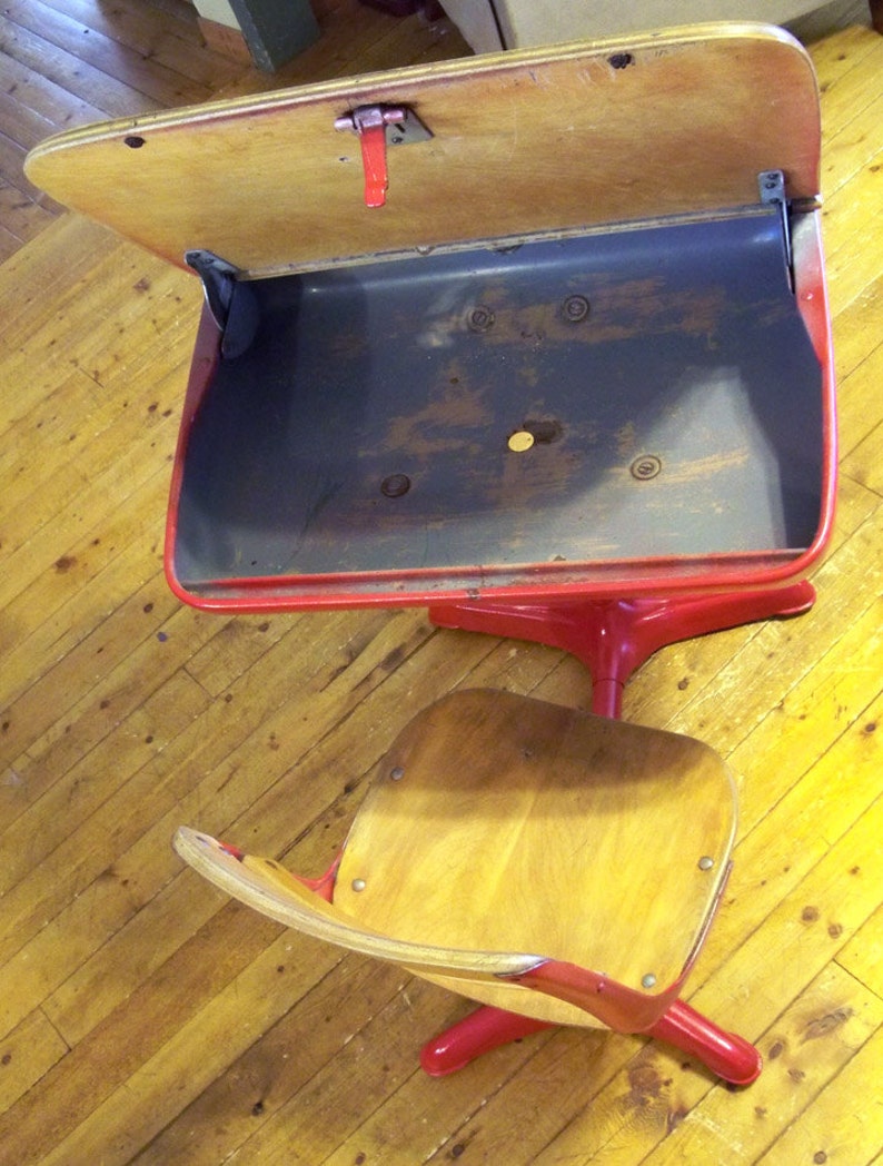 Mid-Century Elementary School Desk with Inkwell Red with Nicely Distressed Wood image 5