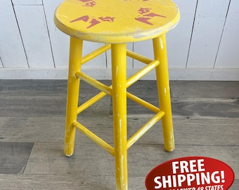 Distressed 24" Yellow Wooden Stool with Hand-Stenciled Dala Horse Graphics: Swedish Farmhouse Decor