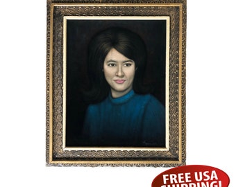 Mid-Century Black Velvet Woman Portrait: 1970s Framed Oil Painting