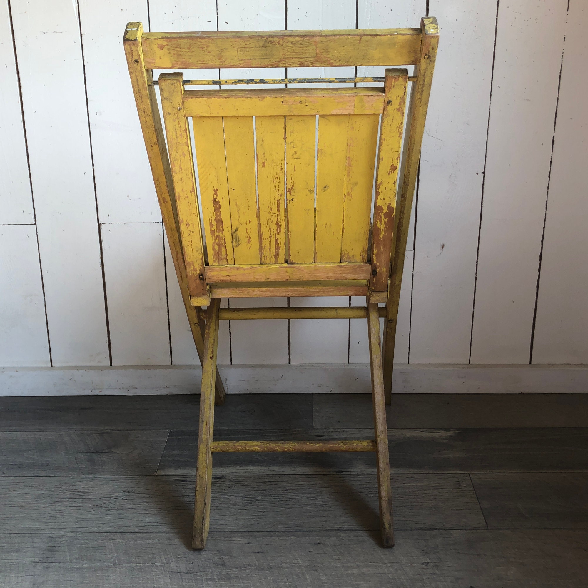 Chippy Yellow Simmons Wooden Folding Chair, Primitive Farmhouse