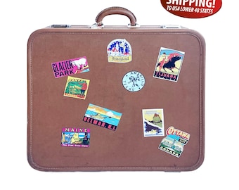 Mid-century Skyway Suitcase with Travel Stickers: Vintage Luggage for Prop, Decor, Weddings