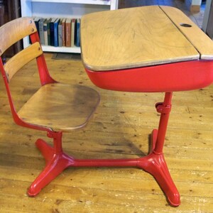 Mid-Century Elementary School Desk with Inkwell Red with Nicely Distressed Wood image 4