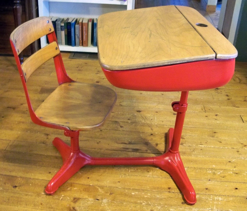 Mid-Century Elementary School Desk with Inkwell Red with Nicely Distressed Wood image 4