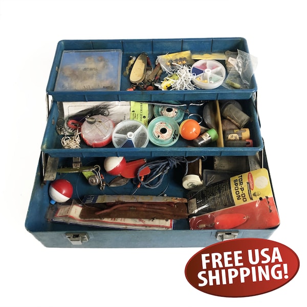 Blue Mid-century Fiberglass Tackle Box with Vintage Tackle - Lures, Hooks, Weights & More - Old Blue Tackle Box