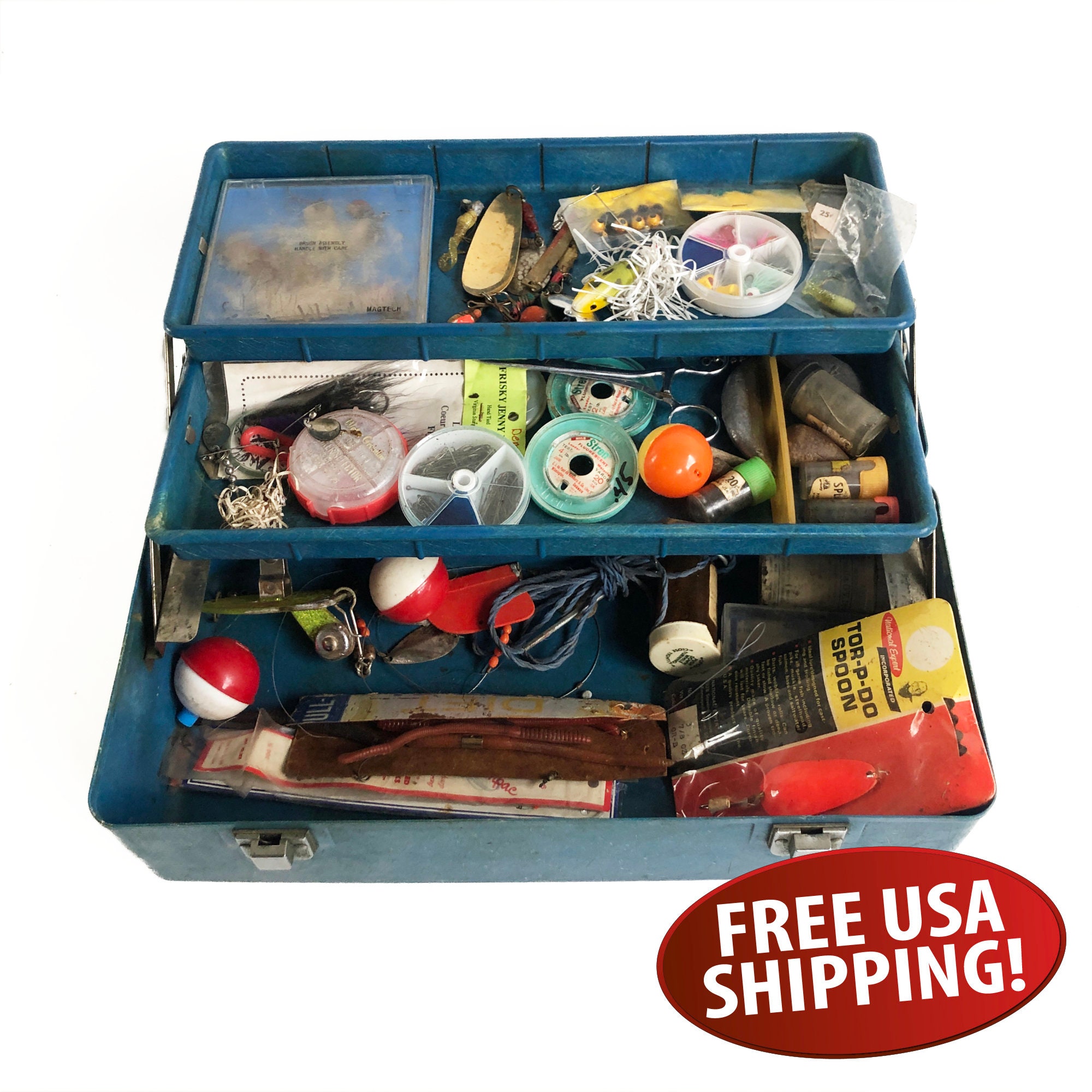 Blue Mid-century Fiberglass Tackle Box with Vintage Tackle - Lures, Hooks,  Weights & More - Old Blue Tackle Box