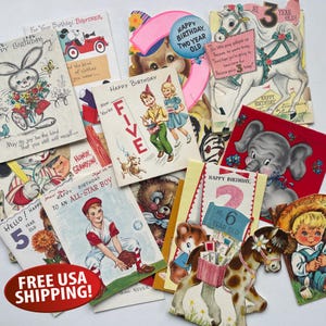 Lot de 19 cartes d'anniversaire originales des années 1950, cartes d'anniversaire d'enfants du milieu du siècle, éphémères de scrapbooking