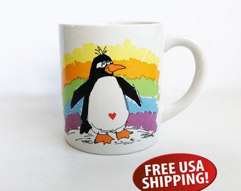 1980s Cartoon Penguin Mug: "You Brighten Up My World" Message Mug