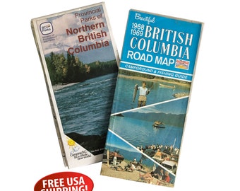 Two Vintage British Columbia Canada Tourist Maps and Brochures from 1960s & 1980s, Old British Columbia Road Maps