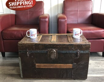Antique Wood Slat & Metal-Sided Trunk with Tray and Key, Antique Luggage, Old Travel Trunk, Coffee Table Trunk, Emigrants Trunk