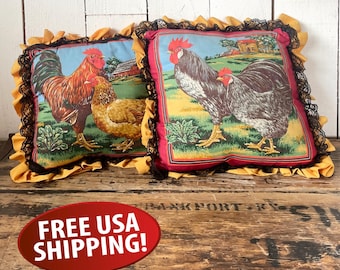 Vintage Chicken Throw Pillow, Red Yellow Ruffle Lace, Farmhouse Decor