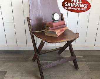 Chippy Brown Distressed Wooden Folding Chair, Primitive Farmhouse Decor