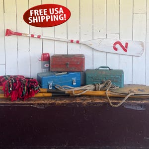 Vintage Distressed White & Red Wooden Oar, 60&quot; Boat Oar, Canoe Paddle- Rustic Lodge, Beach House, Lake House, Nautical Decor