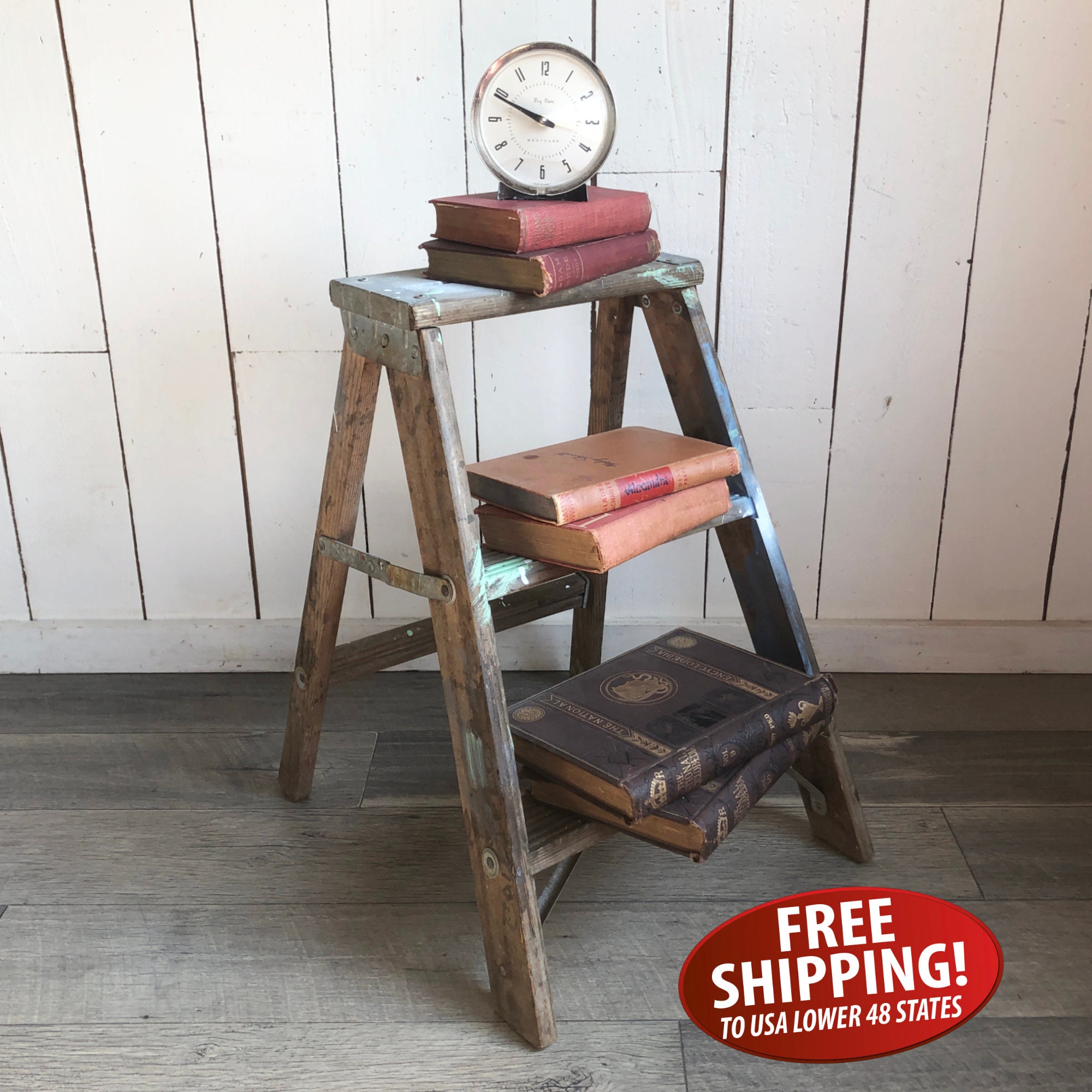 Vintage Wooden Step Ladder, Step Stool, Plant Stand, Towel Rack, Bookshelf