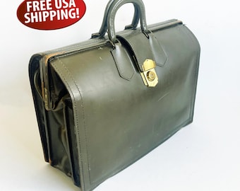1950s Top Grain Leather Expandable Briefcase: OD Green Vintage Satchel (18" X 12")