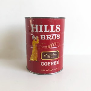 1960s Hills Bros Coffee Tin, 1 lb. Hills Brothers Coffee Can - Red, White & Yellow Graphics &quot;Fun Retro Kitchen Storage&quot;