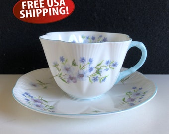 Vintage Shelley Bone China Teacup and Saucer: Blue Rock Floral Pattern # 13591, England