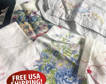 Mid-Century Handkerchief Bundle,  Six Vintage Ladies Hankies, Hand Embroidered Handkerchiefs, 1950s Women's Hanky Collection