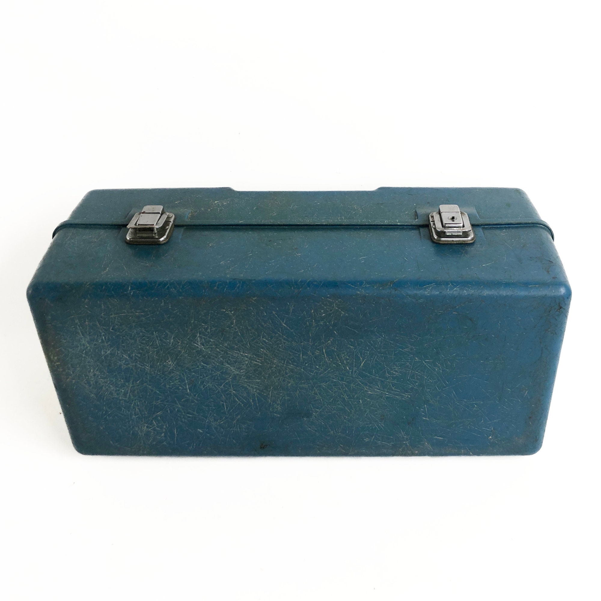 fiberglass tackle box Vintage Blue Fiberglass Tackle Box: Mid-century Fishing Lures & Gear