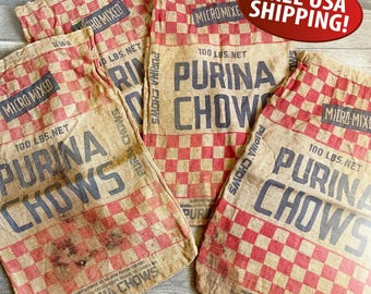 Midcentury Purina Red Checkerboard Burlap Feed Bag: Gunny Sack, Farmhouse Wall Decor, Agricultural Advertising