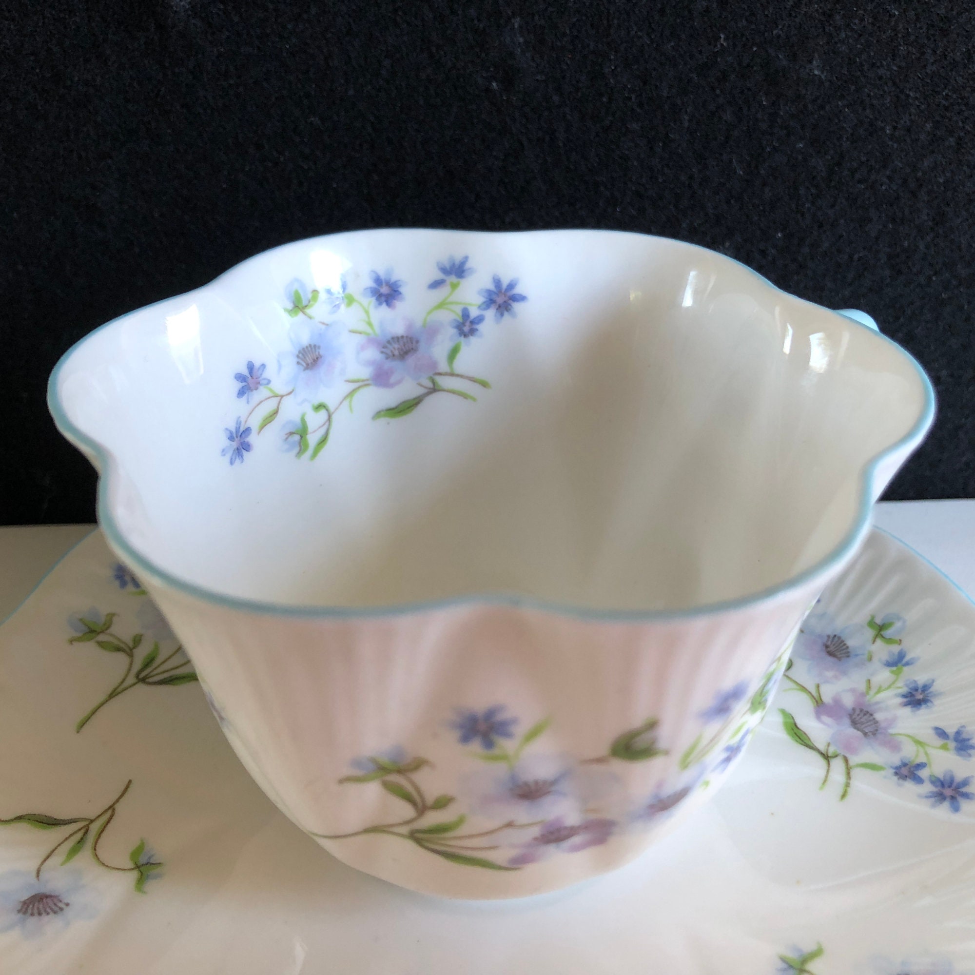 Shelley English Bone China Tea Cup and Saucer, Blue Rock