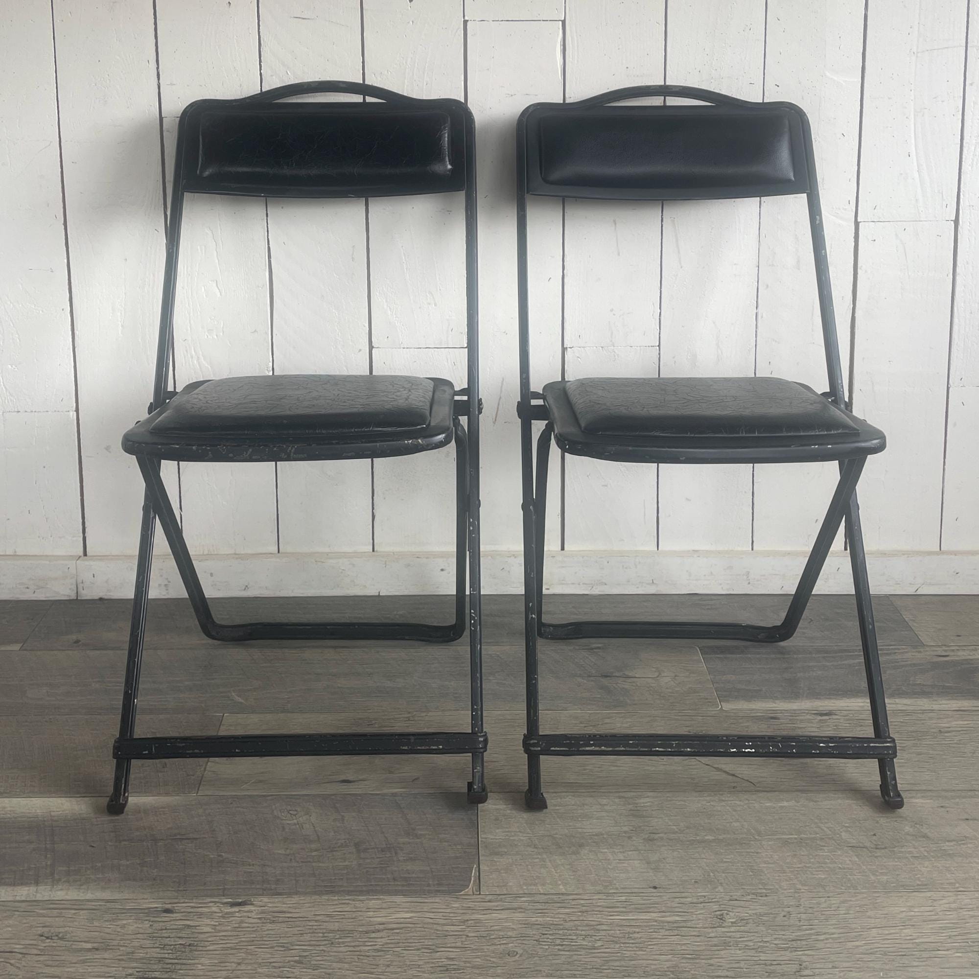 Set of Two Vintage Black Metal Folding Chairs: Retro Extra Seating